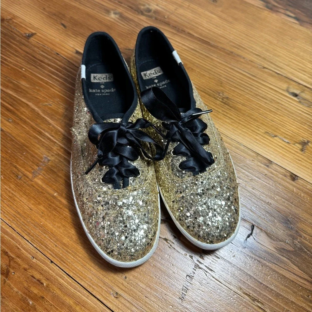 Keds X Kate Spade New York Women Gold Glitter Lace-Up Sneakers Black Lace Size 8